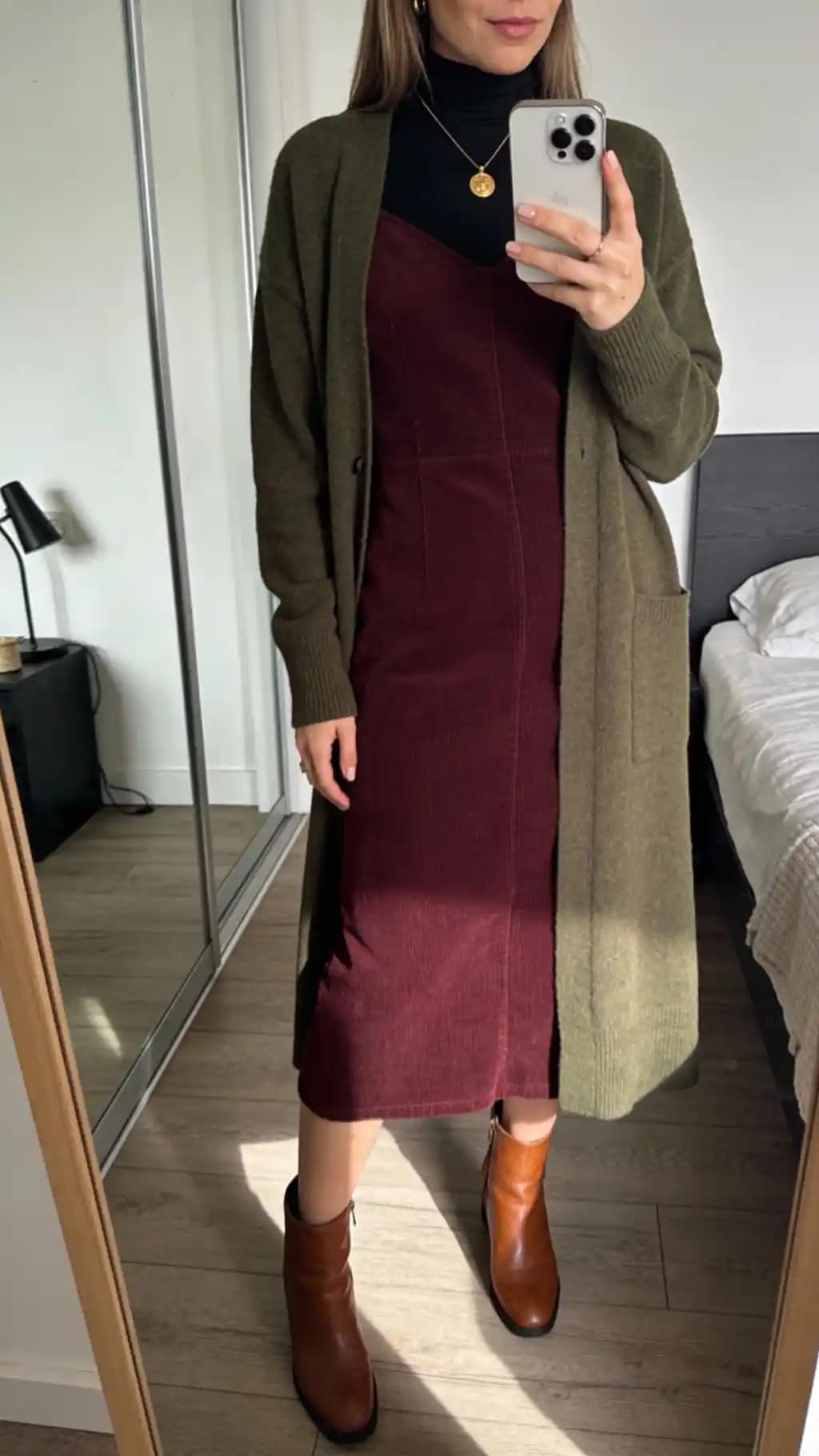 Deep Burgundy Corduroy Dress Outfit