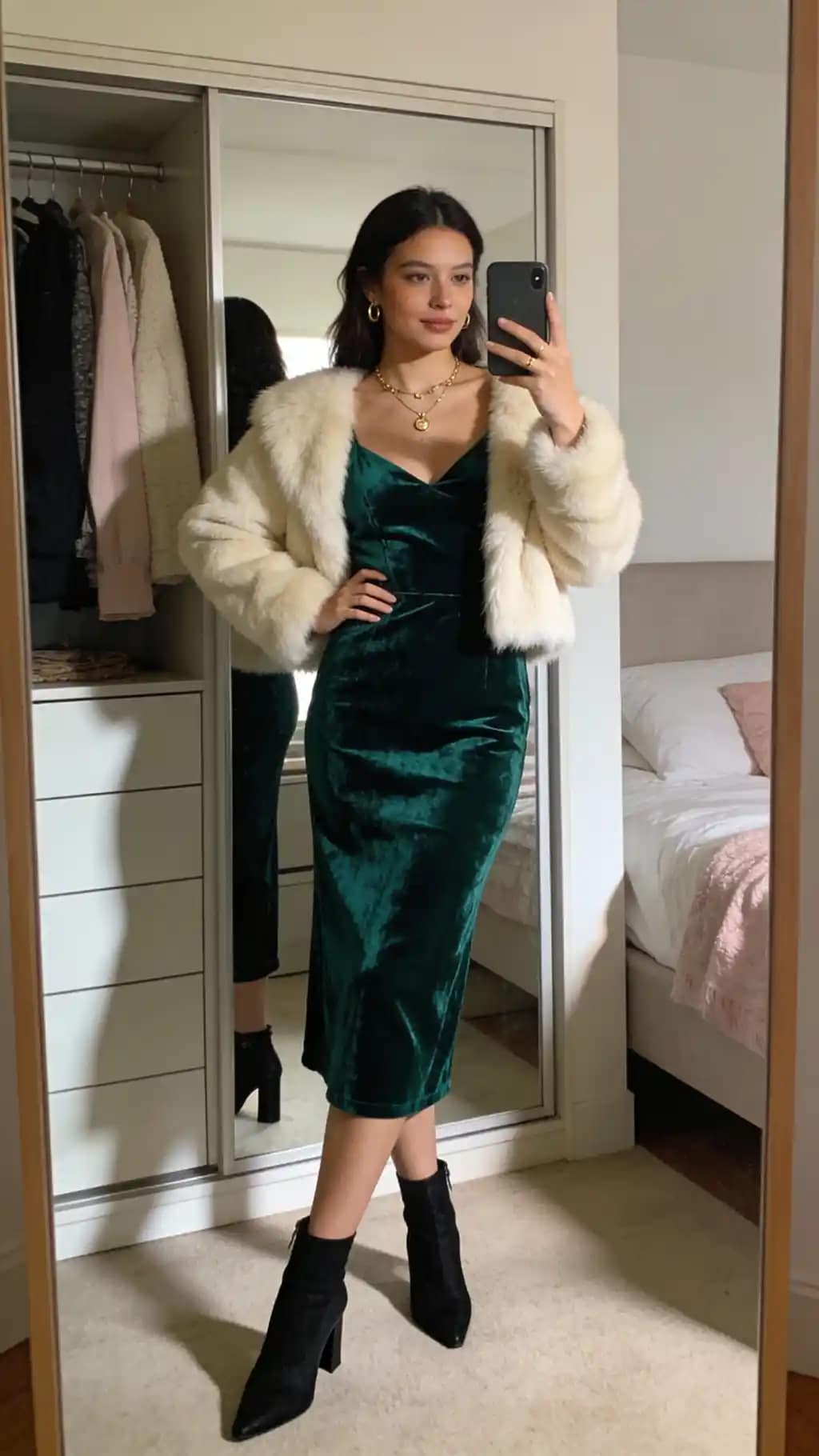 Velvet Midi Dress, Faux Fur