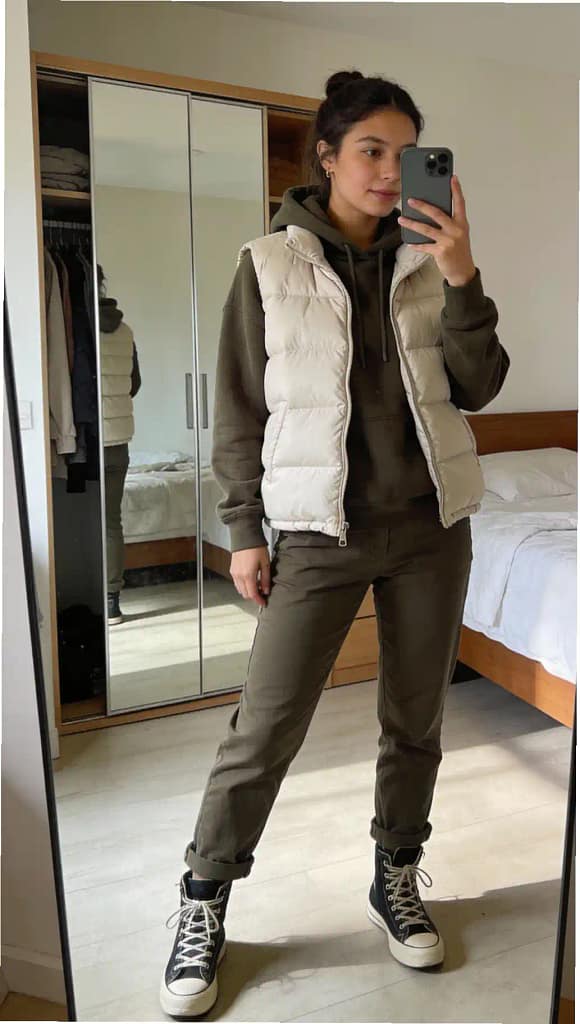 Casual layered outfit with olive hoodie and cream puffer vest