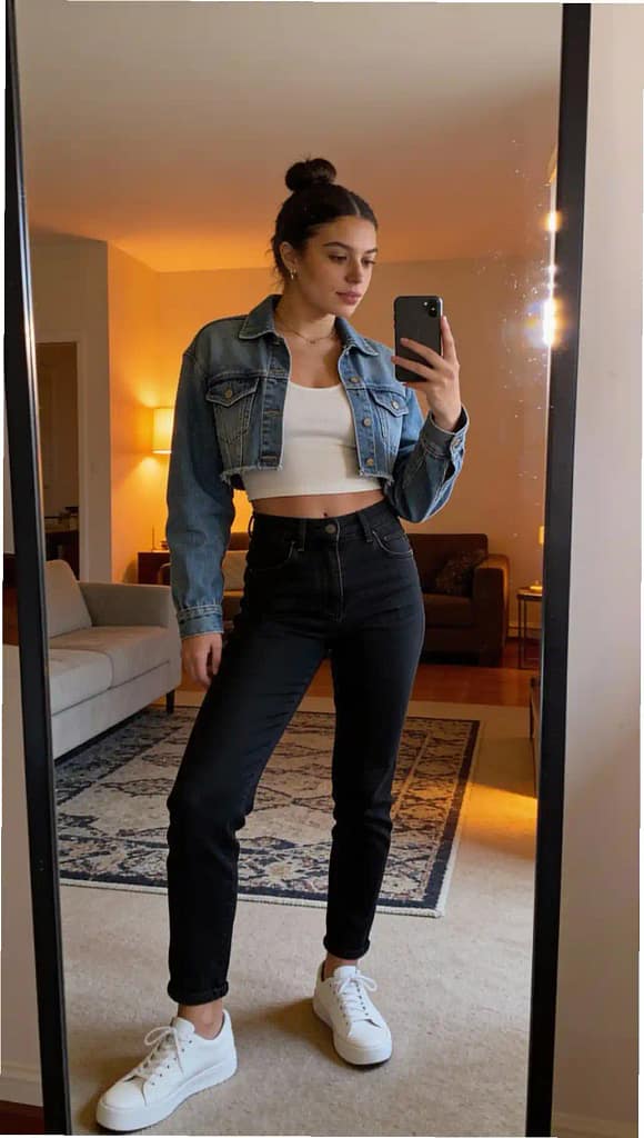 Woman in a cropped denim jacket and high-waisted black jeans