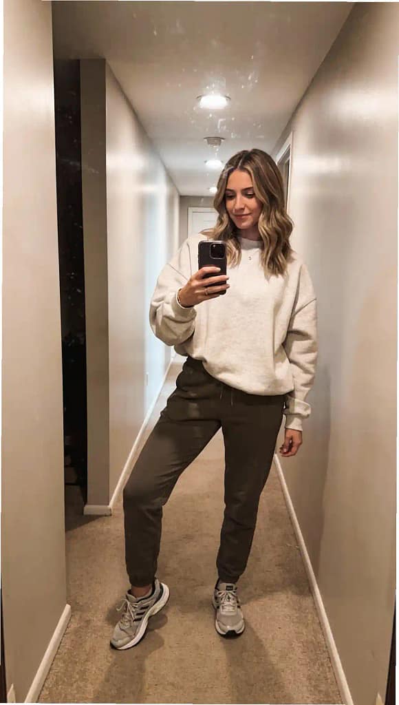 Woman in a light grey sweatshirt and olive green joggers