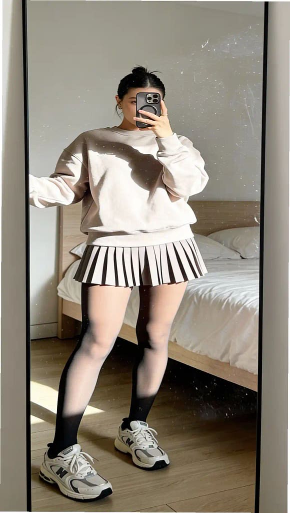 Woman in neutral sweatshirt, pleated skirt, and chunky sneakers