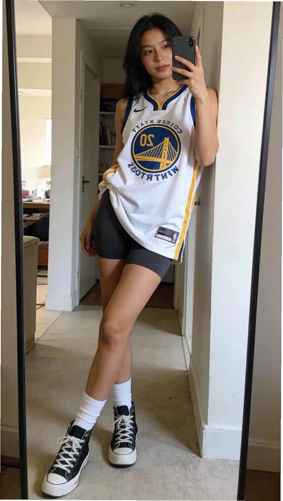 Young woman in a white basketball jersey and biker shorts